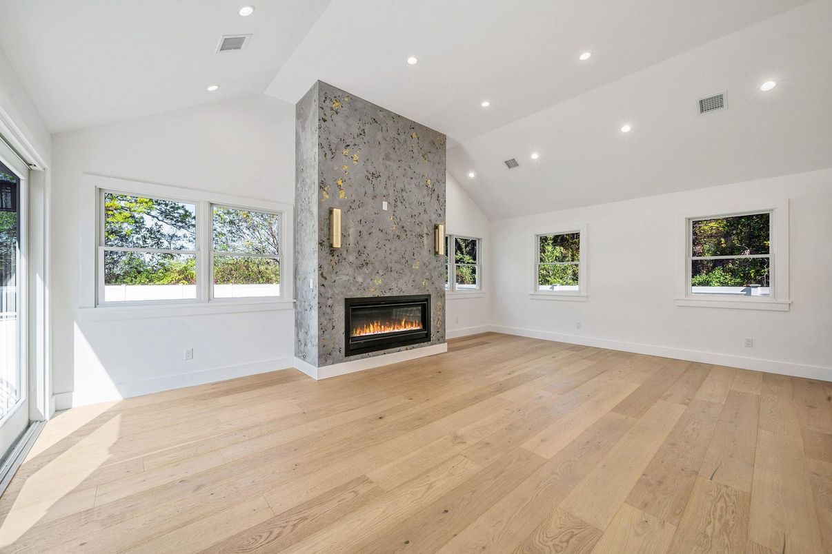 Empty room, Fireplace, Interior, Recessed Lighting, Wood Texture Flooring