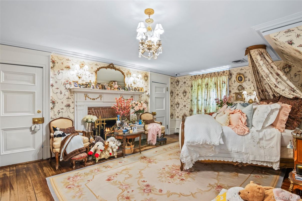Bedroom, Chandelier, Fireplace, Interior, Wood Texture Flooring
