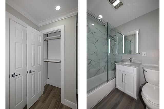 Bathroom, Glass Shower, Interior, Marble Walls, Recessed Lighting, Wood Texture Flooring