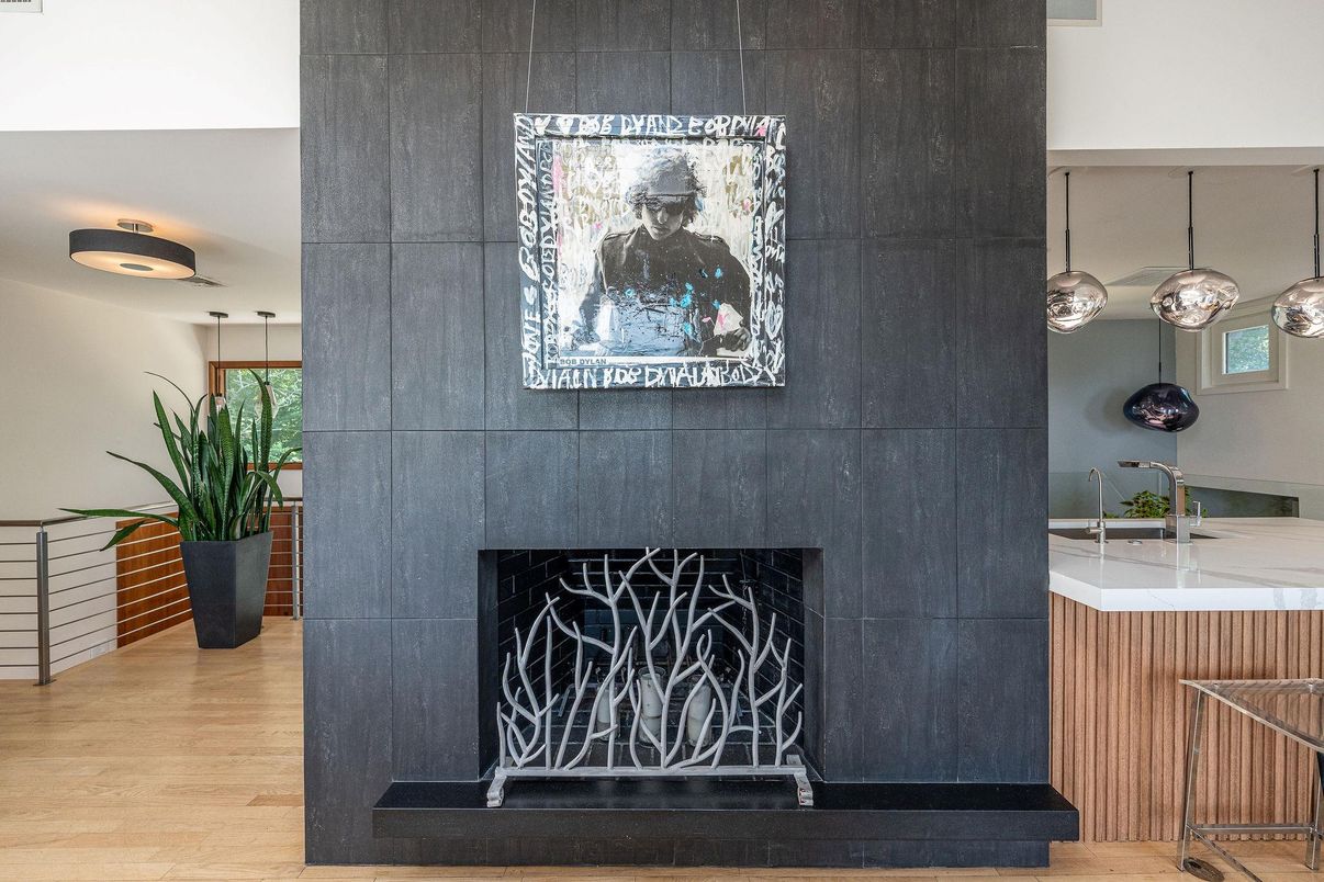 Fireplace, Interior, Pendant Lights, Wood Texture Flooring