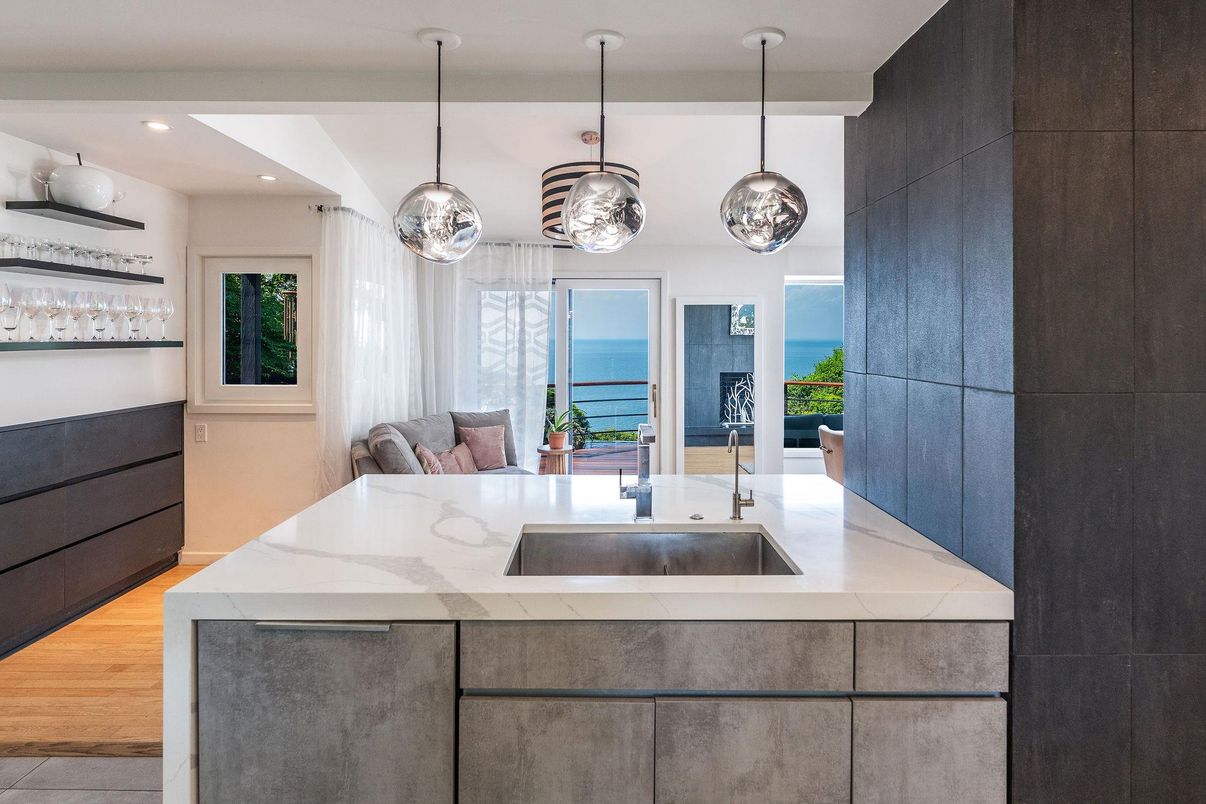Interior, Kitchen, Pendant Lights, Recessed Lighting, Water, Wood Texture Flooring