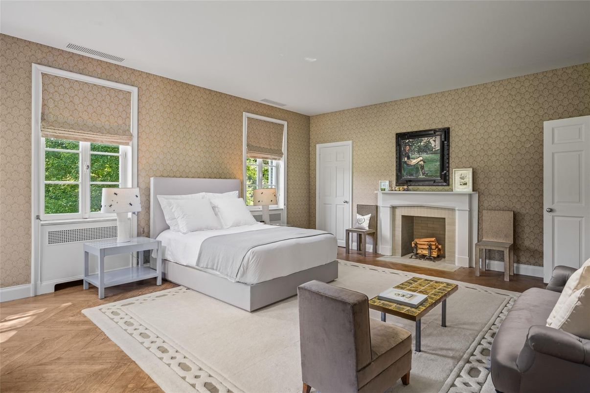 Bedroom, Fireplace, Interior, Wood Texture Flooring