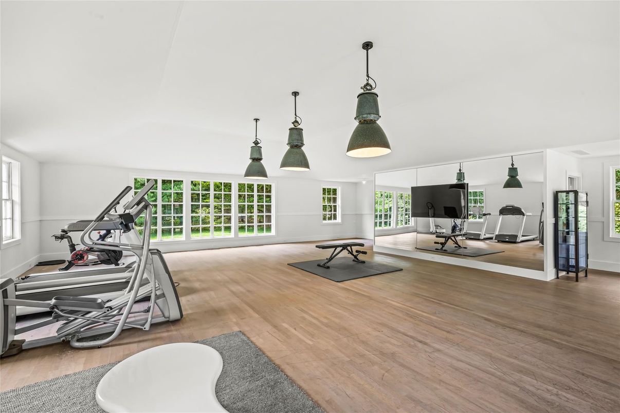 Fitness Equipment, Interior, Pendant Lights, Wood Texture Flooring