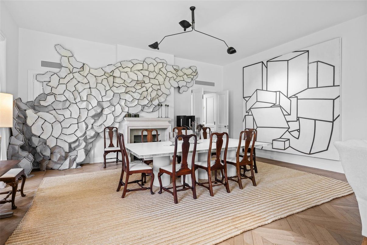 Dining room, Fireplace, Interior, Stone Walls, Wood Texture Flooring