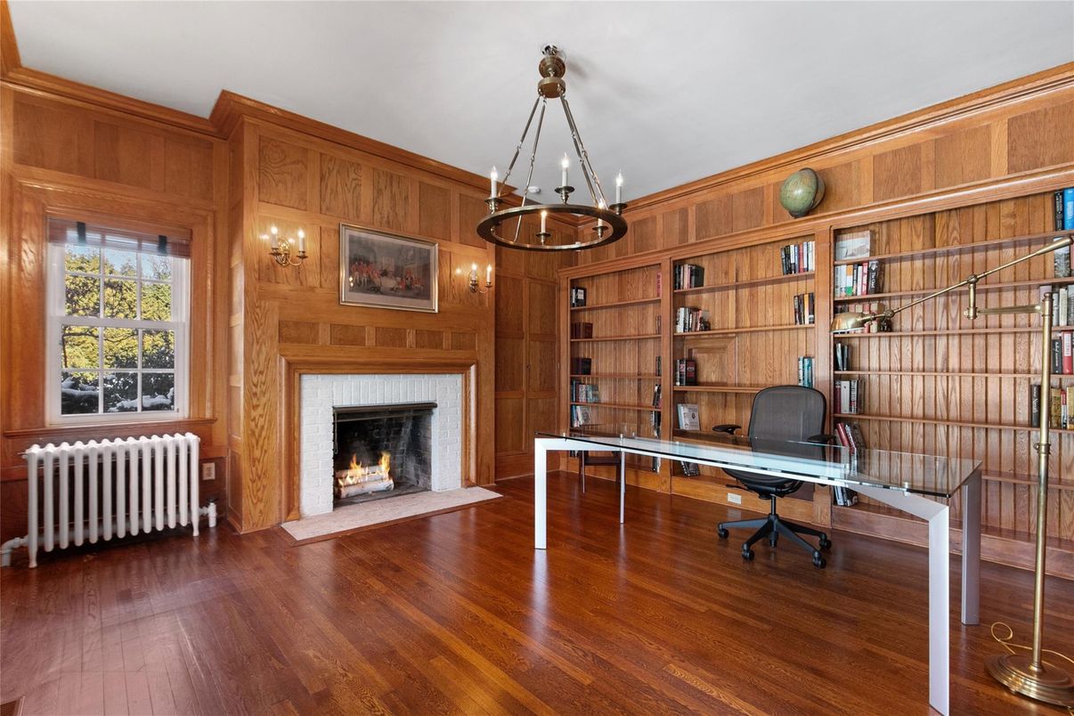 Chandelier, Fireplace, Home Office, Interior, Pendant Lights, Wood Texture Flooring, Wooden Walls