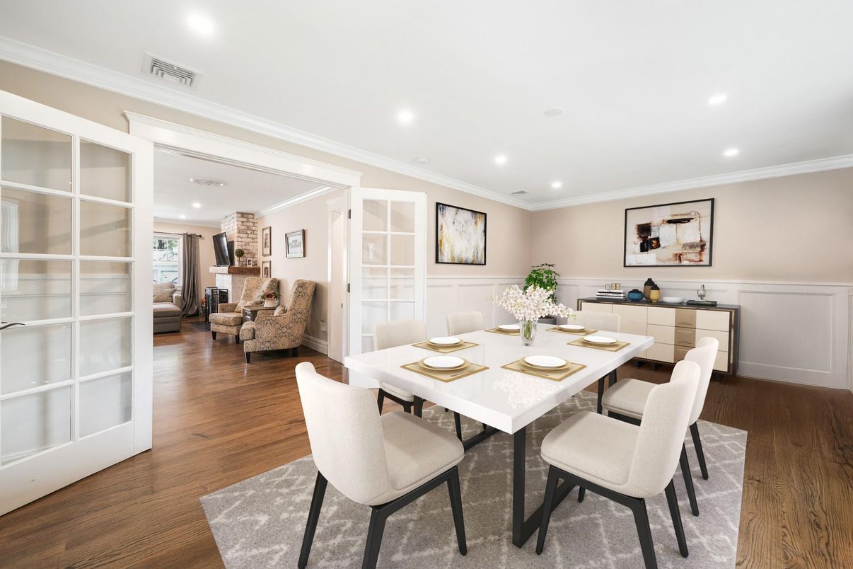 Dining room, Interior, Recessed Lighting, Wood Texture Flooring