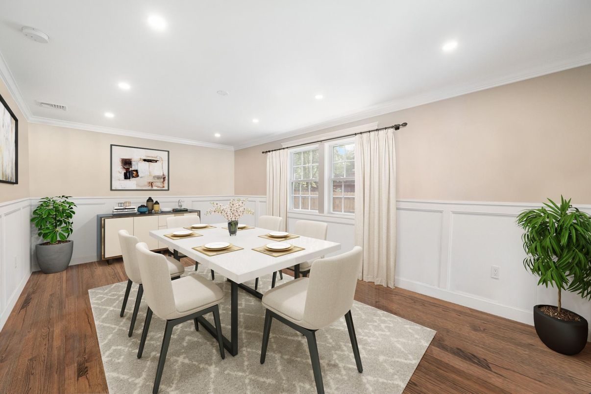 Dining room, Interior, Recessed Lighting, Wood Texture Flooring