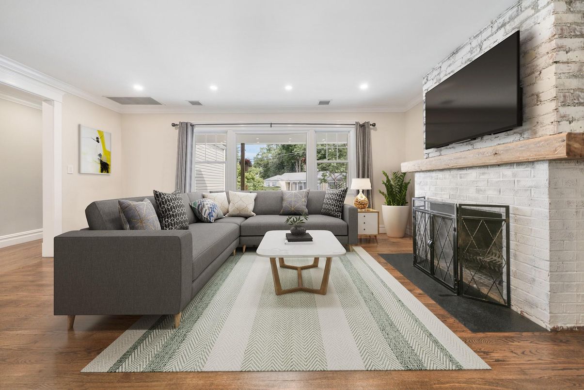 Fireplace, Interior, Living room, Recessed Lighting, Stone Walls, Wood Texture Flooring