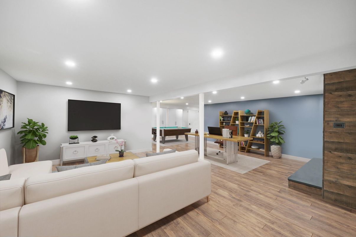 Dining room, Interior, Living room, Recessed Lighting, Wood Texture Flooring, Wooden Walls
