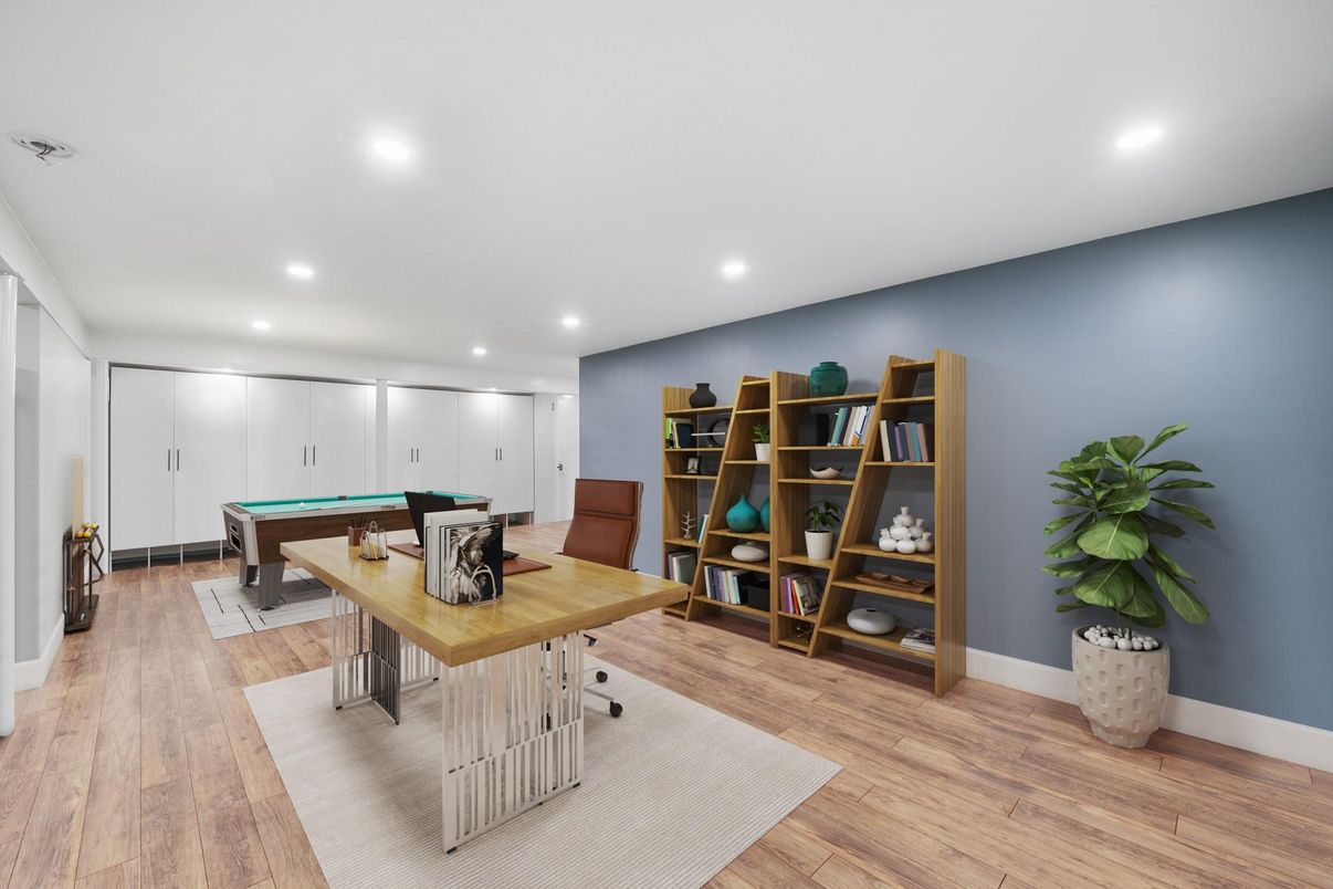 Billiard Table, Game Room, Home Office, Interior, Recessed Lighting, Wood Texture Flooring