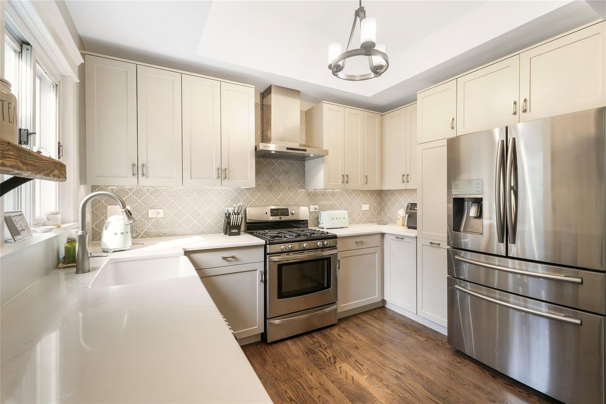 Interior, Kitchen, Pendant Lights, Stainless Steel Appliances, Wood Texture Flooring