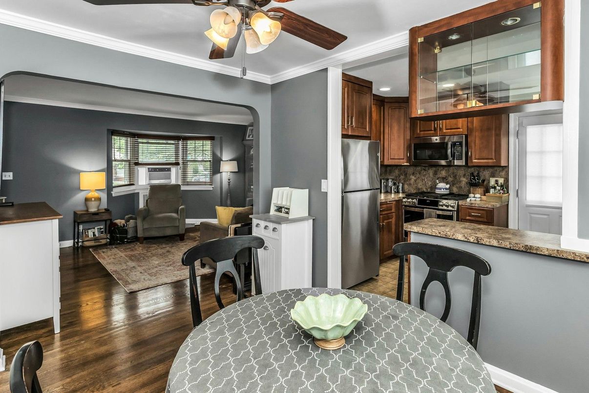 Dining room, Interior, Kitchen, Living room, Recessed Lighting, Stainless Steel Appliances, Wood Texture Flooring
