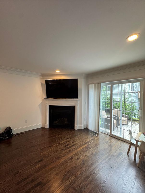 Empty room, Fireplace, Interior, Recessed Lighting, Wood Texture Flooring
