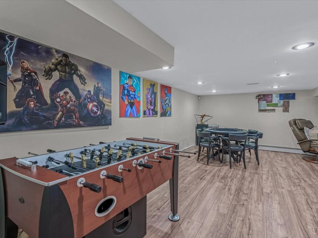 Dining room, Game Room, Interior, Recessed Lighting, Wood Texture Flooring