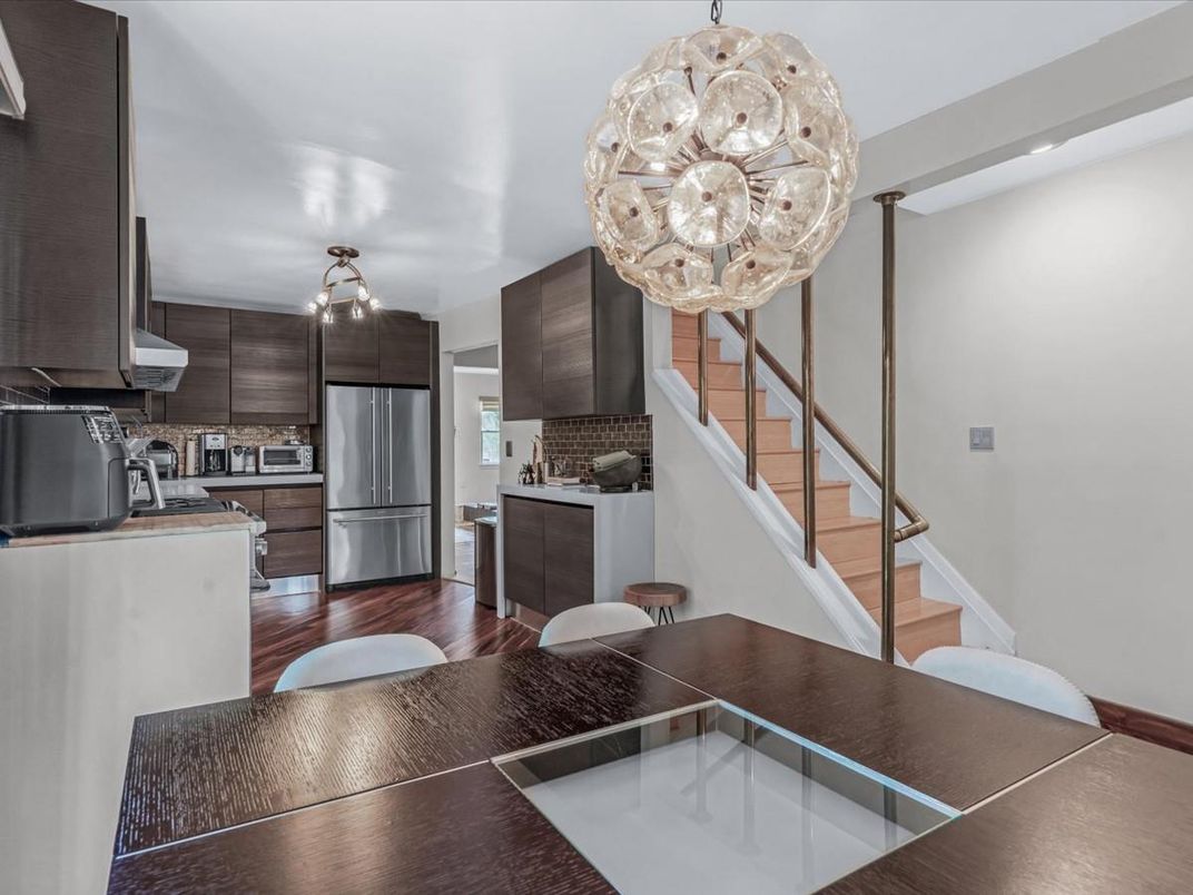 Chandelier, Interior, Kitchen, Stainless Steel Appliances, Wood Texture Flooring