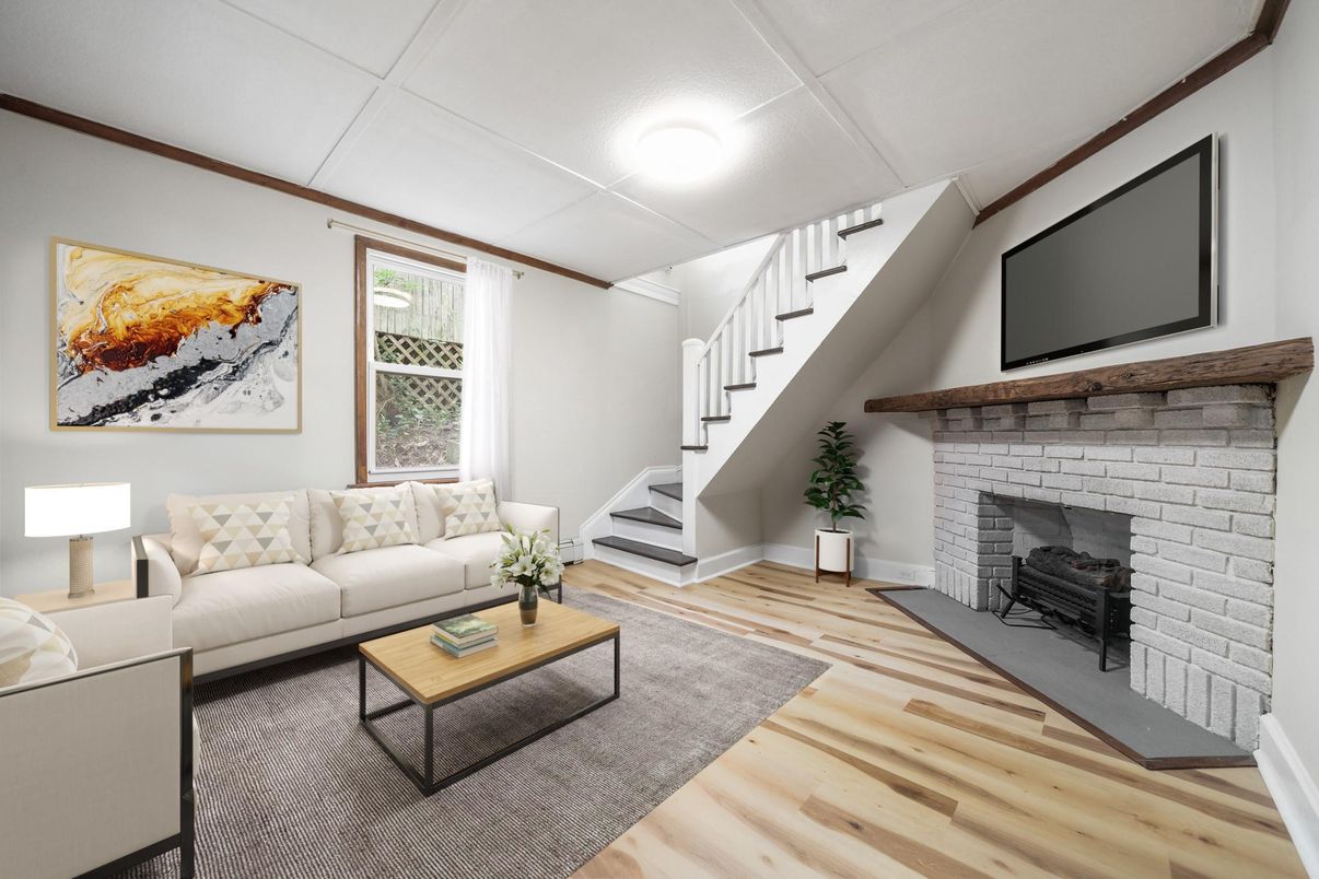 Fireplace, Interior, Living room, Stone Walls, Wood Texture Flooring