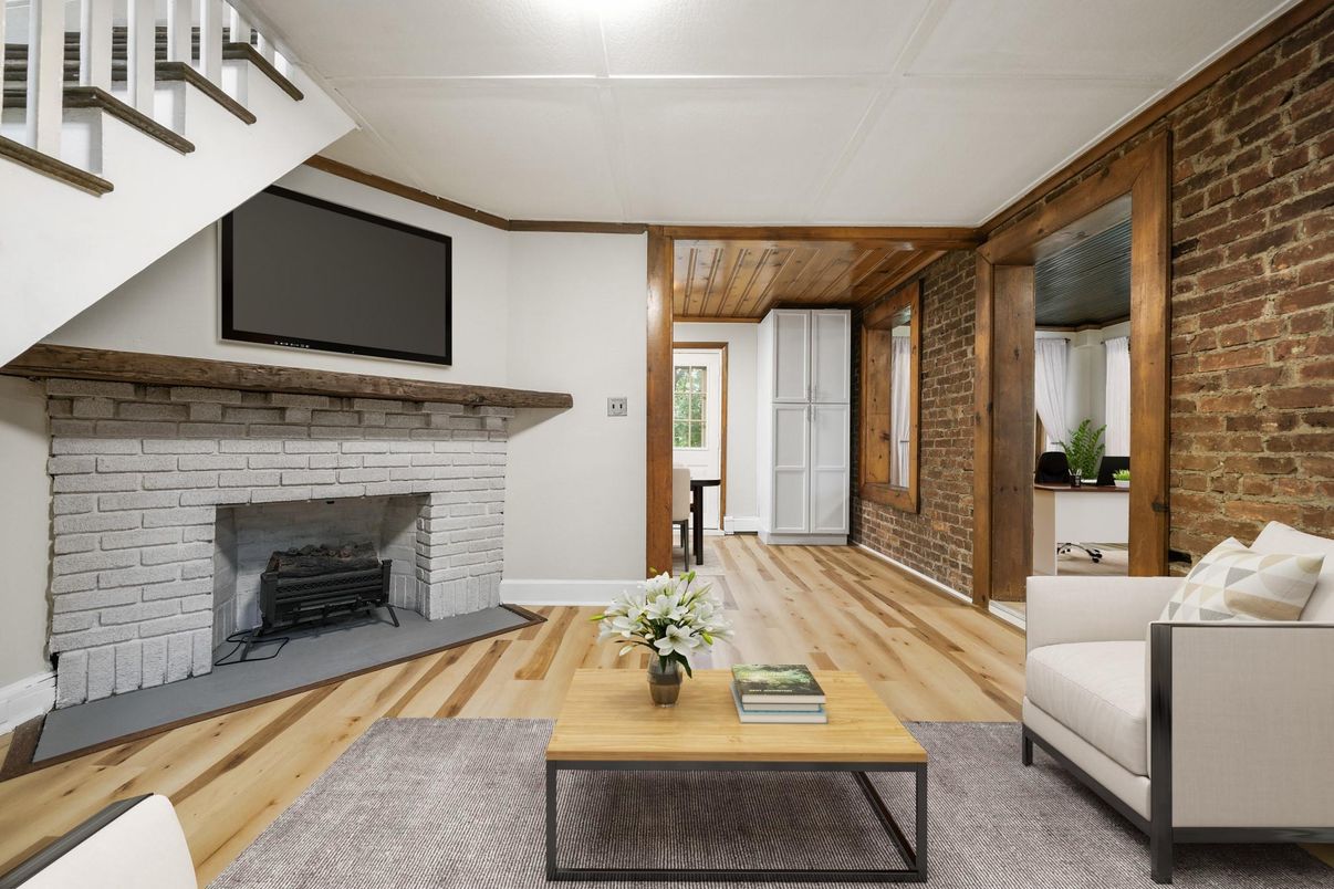 Fireplace, Interior, Living room, Stone Walls, Wood Texture Flooring