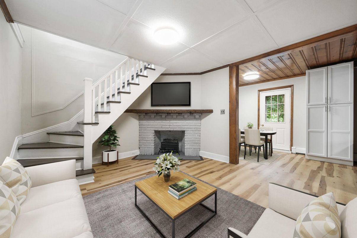 Dining room, Fireplace, Interior, Living room, Wood Texture Flooring