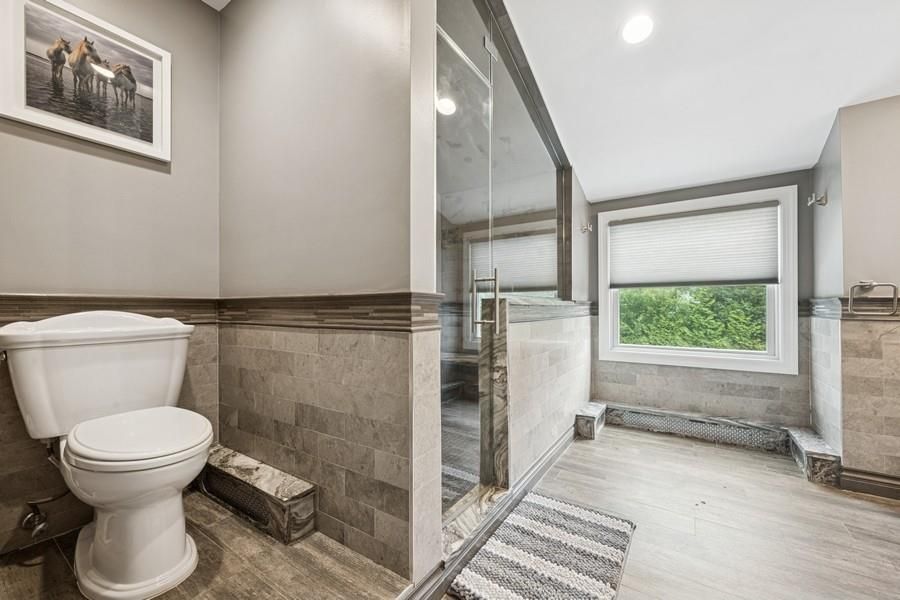 Bathroom, Glass Shower, Interior, Recessed Lighting, Wood Texture Flooring