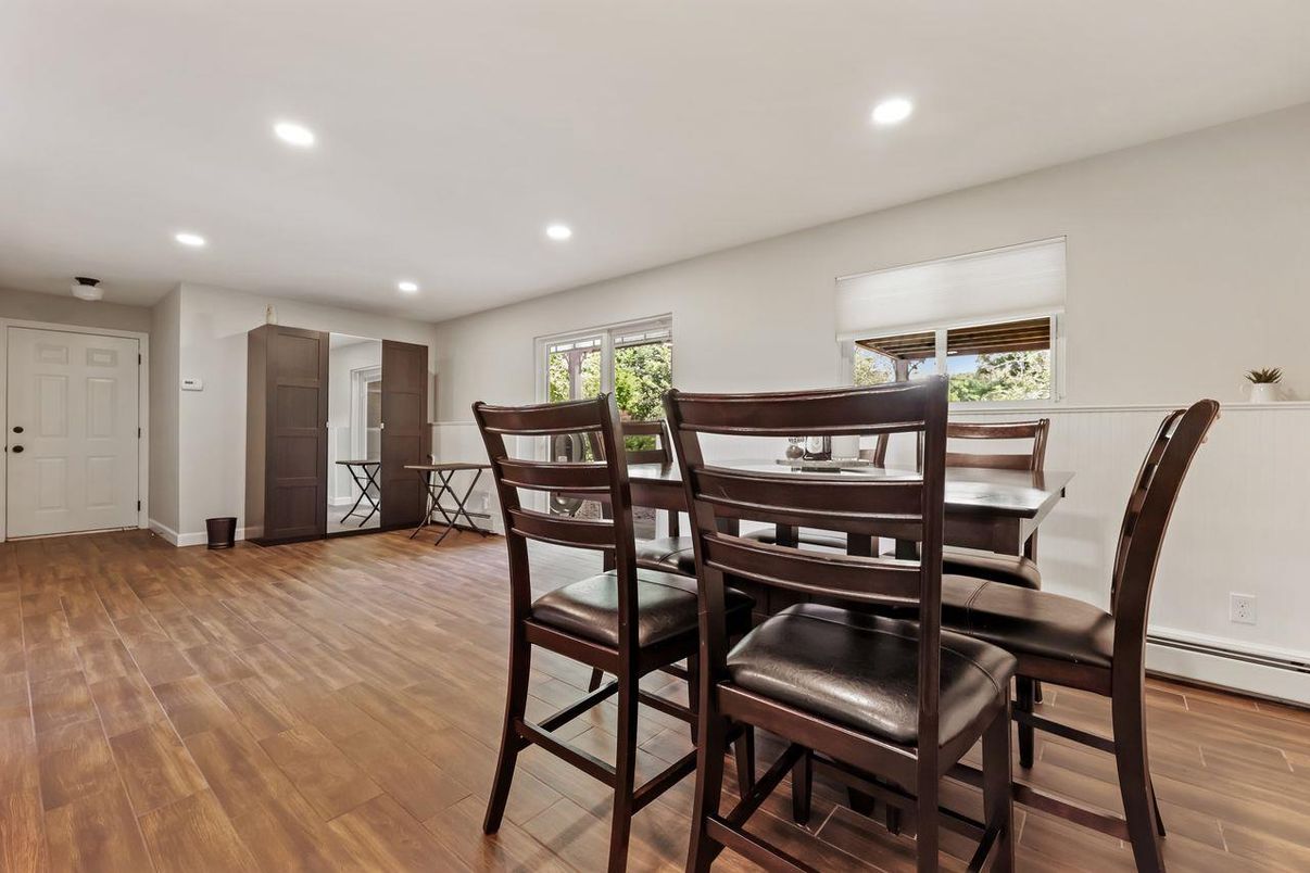Dining room, Interior, Recessed Lighting, Wood Texture Flooring