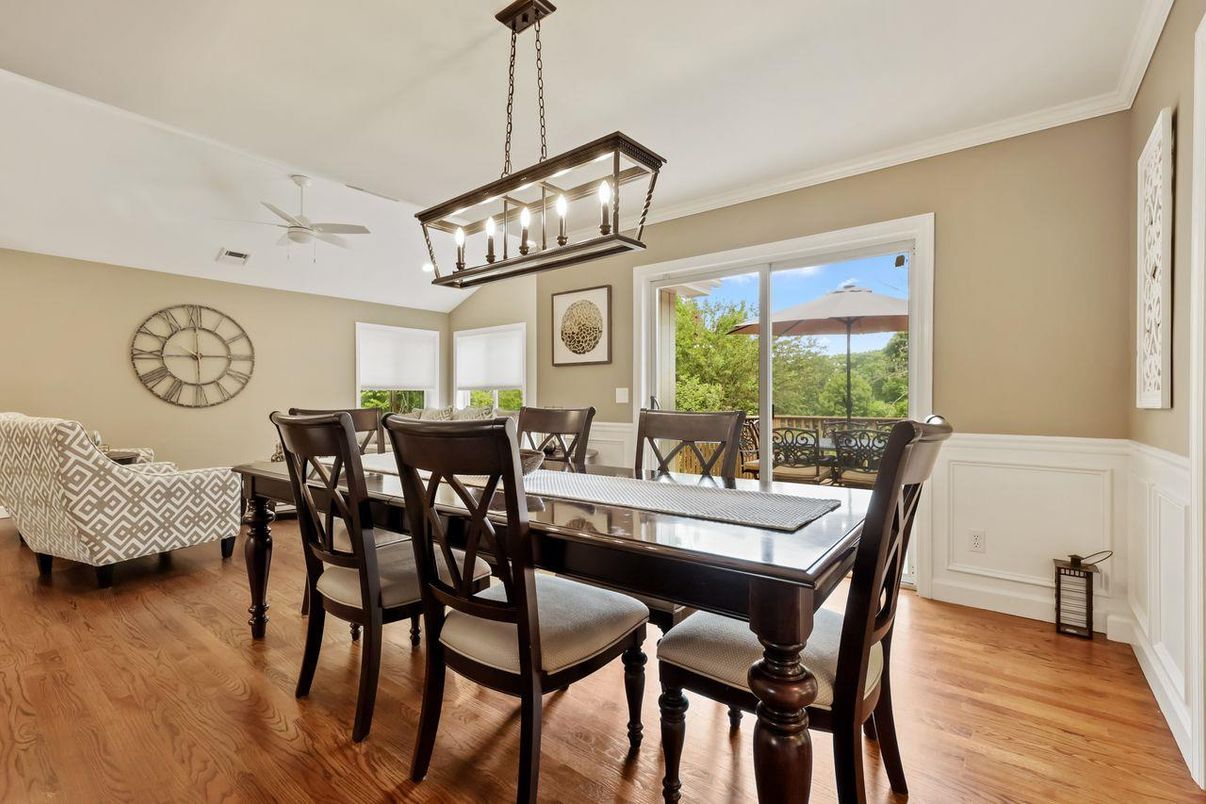 Dining room, Interior, Pendant Lights, Wood Texture Flooring