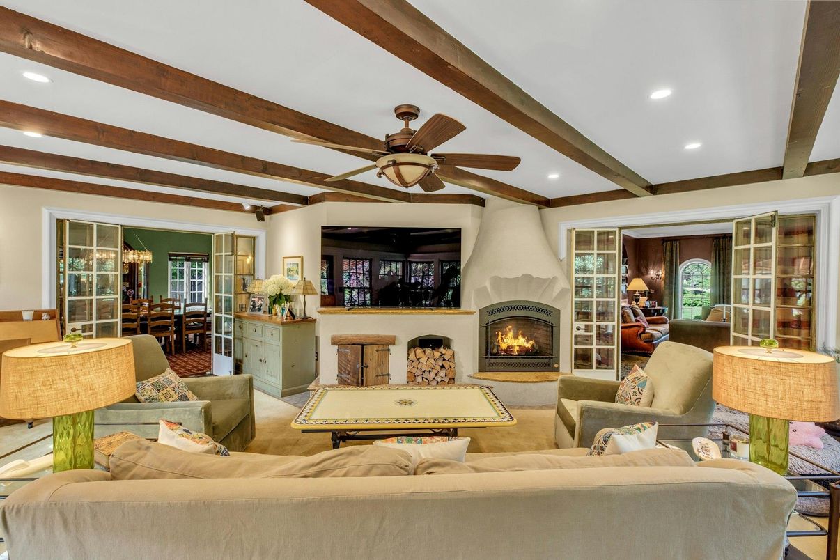 Fireplace, Interior, Living room, Recessed Lighting, Wooden Beams