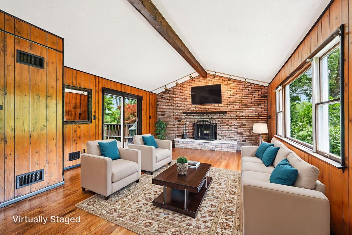 Fireplace, Interior, Living room, Stone Walls, Wooden Beams, Wood Texture Flooring, Wooden Walls