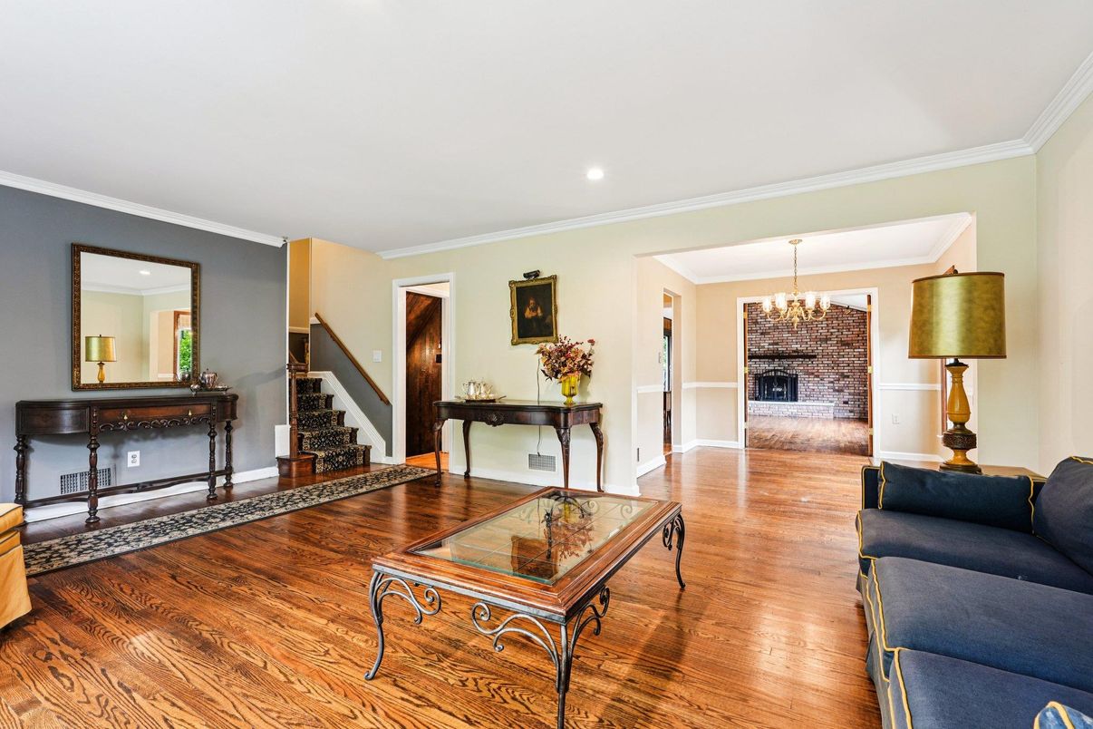 Chandelier, Fireplace, Interior, Living room, Recessed Lighting, Wood Texture Flooring