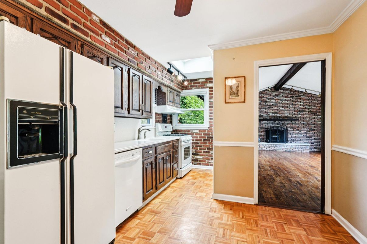 Fireplace, Interior, Kitchen, Stone Walls, Wood Texture Flooring