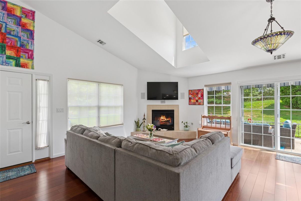 Fireplace, Interior, Living room, Pendant Lights, Wood Texture Flooring