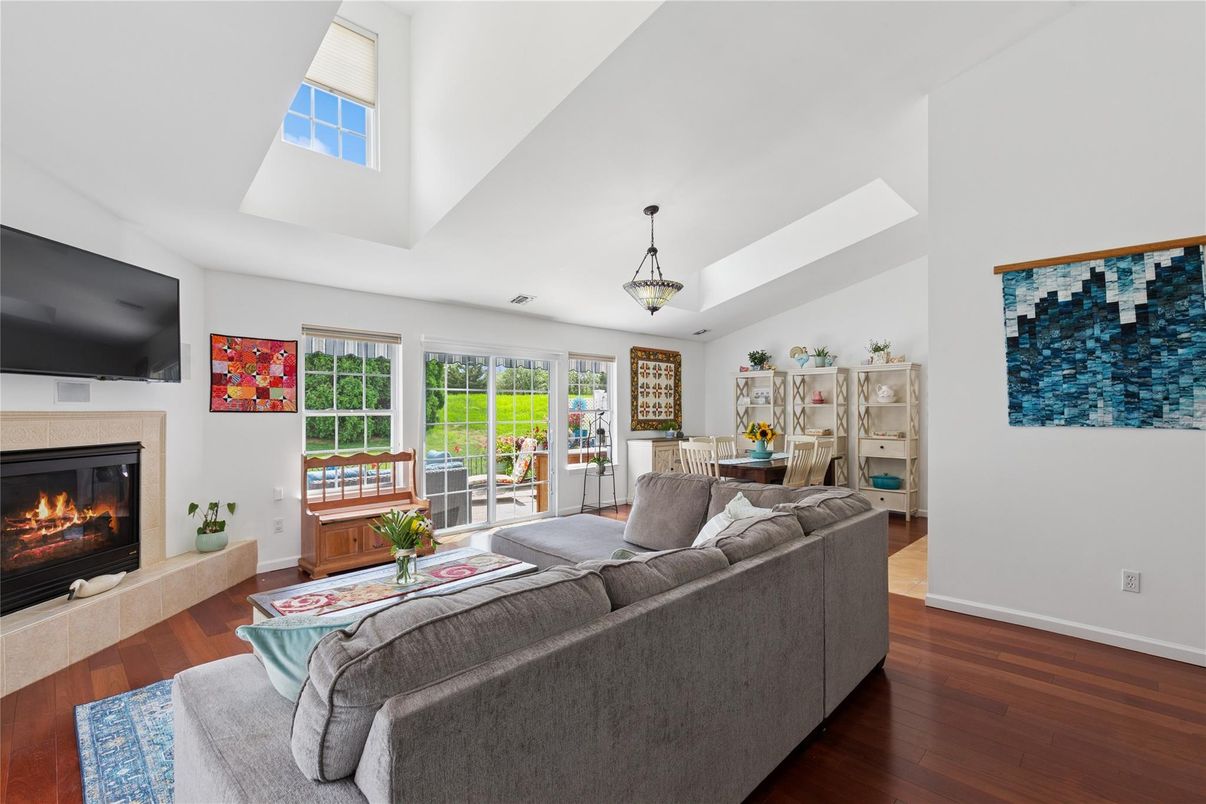 Fireplace, Interior, Living room, Pendant Lights, Wood Texture Flooring