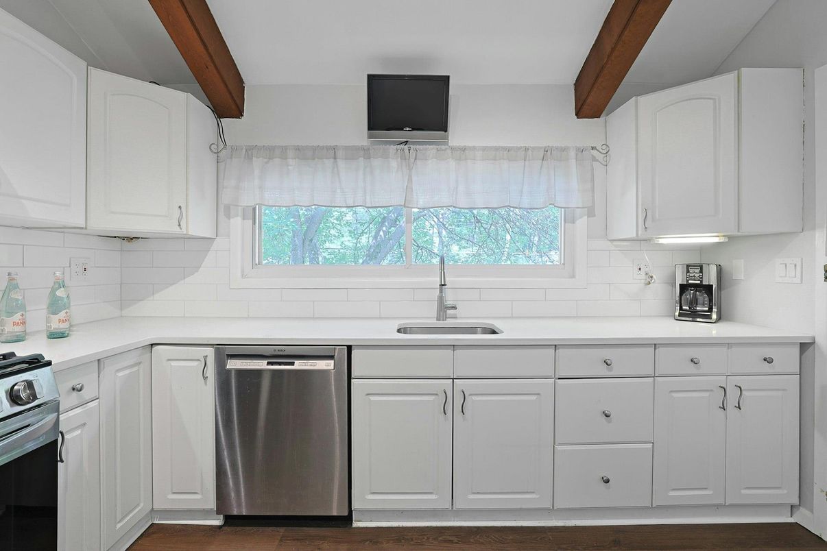 Interior, Kitchen, Stainless Steel Appliances, Wooden Beams, Wood Texture Flooring