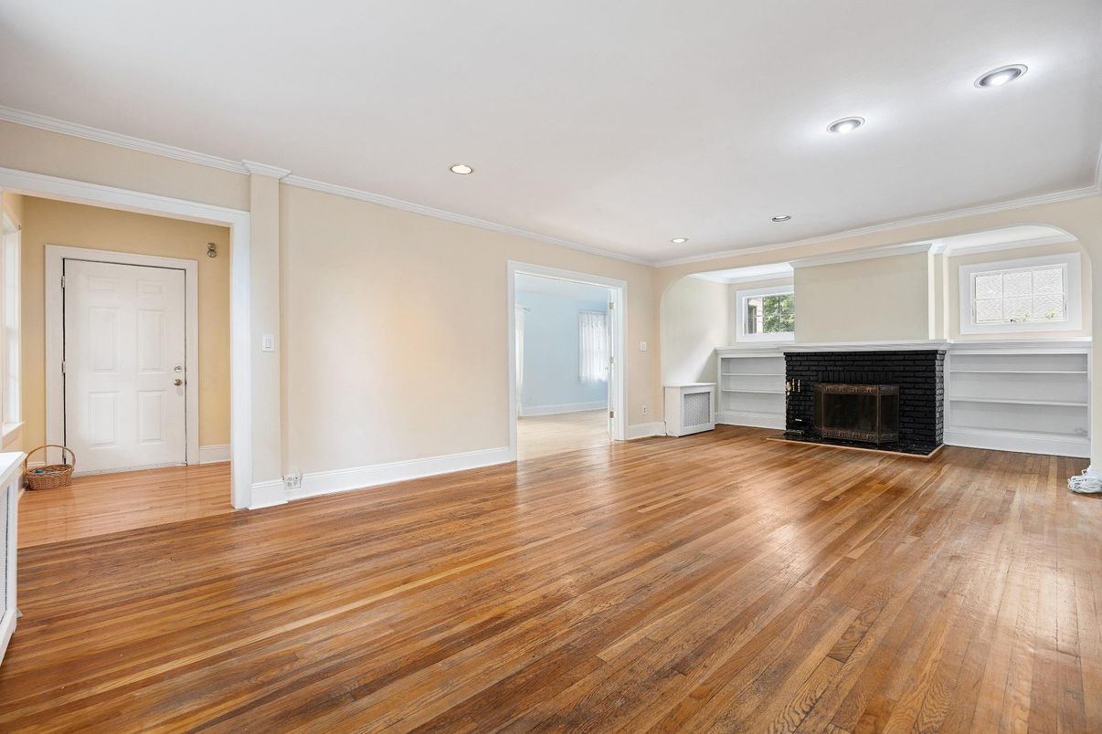 Empty room, Fireplace, Interior, Recessed Lighting, Wood Texture Flooring