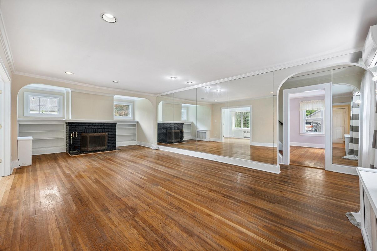 Empty room, Fireplace, Interior, Recessed Lighting, Wood Texture Flooring