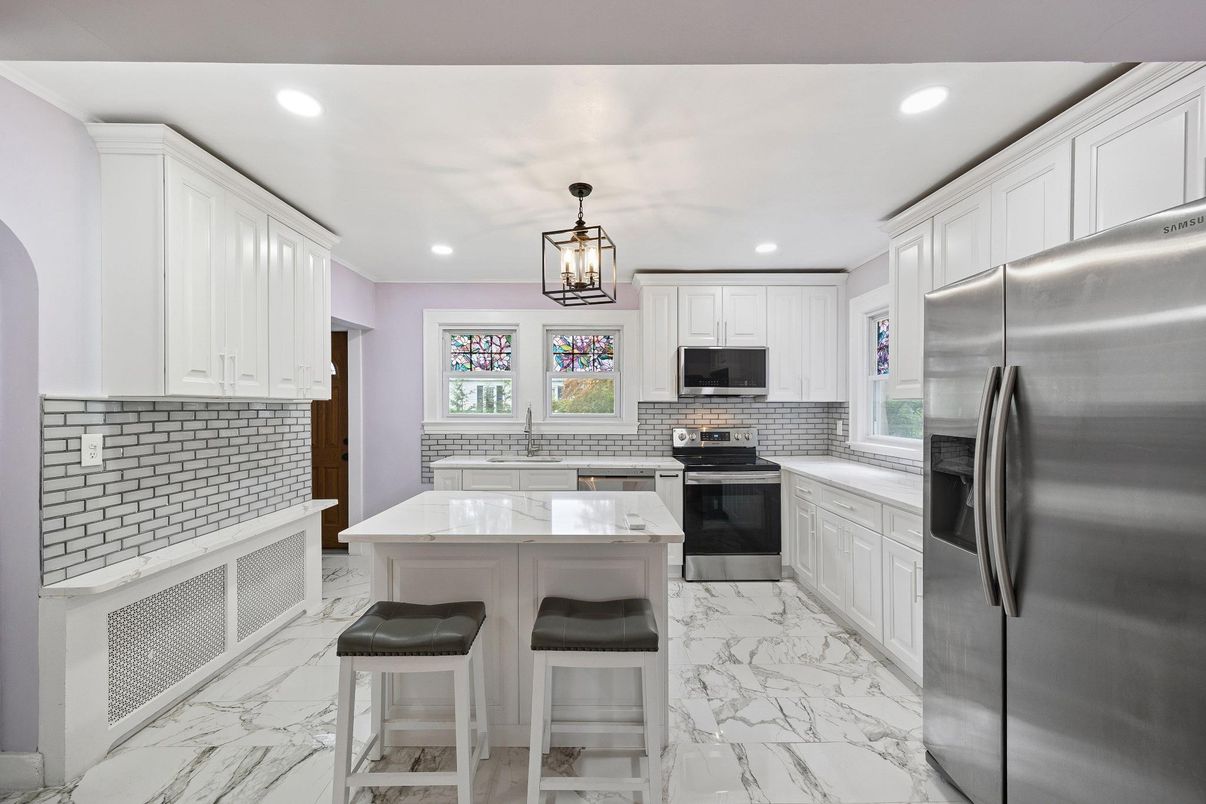 Interior, Kitchen, Marble, Pendant Lights, Recessed Lighting, Stainless Steel Appliances