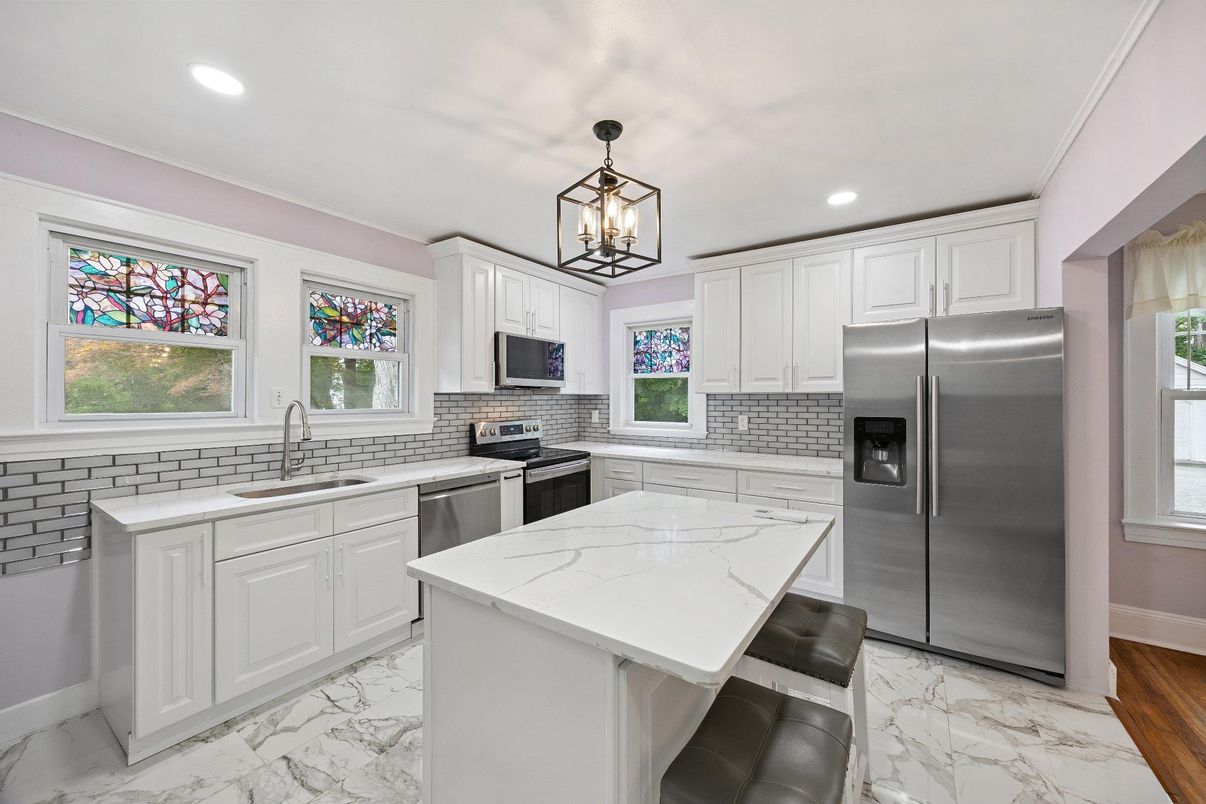 Interior, Kitchen, Marble, Pendant Lights, Recessed Lighting, Stainless Steel Appliances