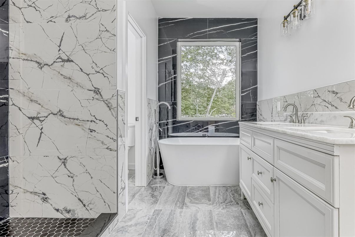 Bathroom, Dual Sink Vanities, Free Standing Baths, Interior, Marble, Marble Walls