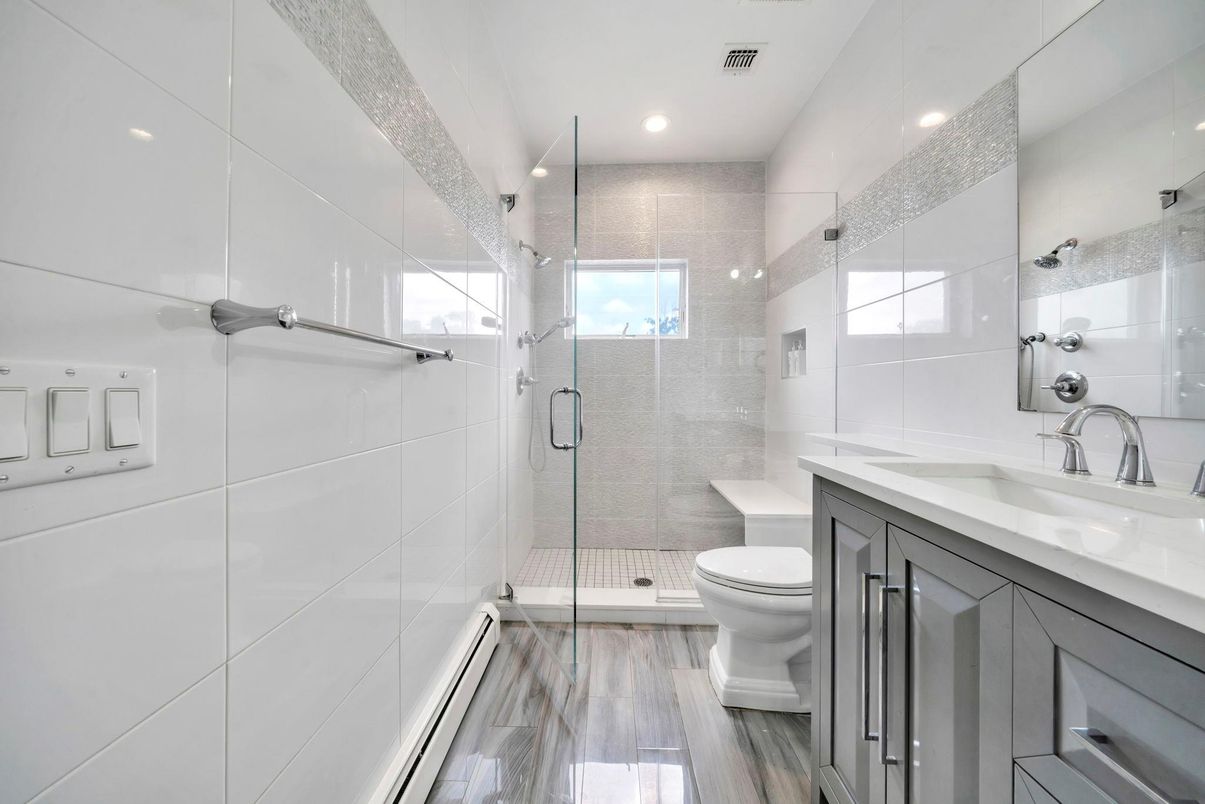 Bathroom, Glass Shower, Interior, Recessed Lighting, Wood Texture Flooring
