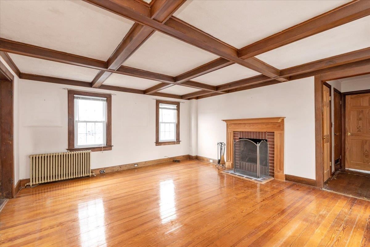 Empty room, Fireplace, Interior, Wooden Beams, Wood Texture Flooring