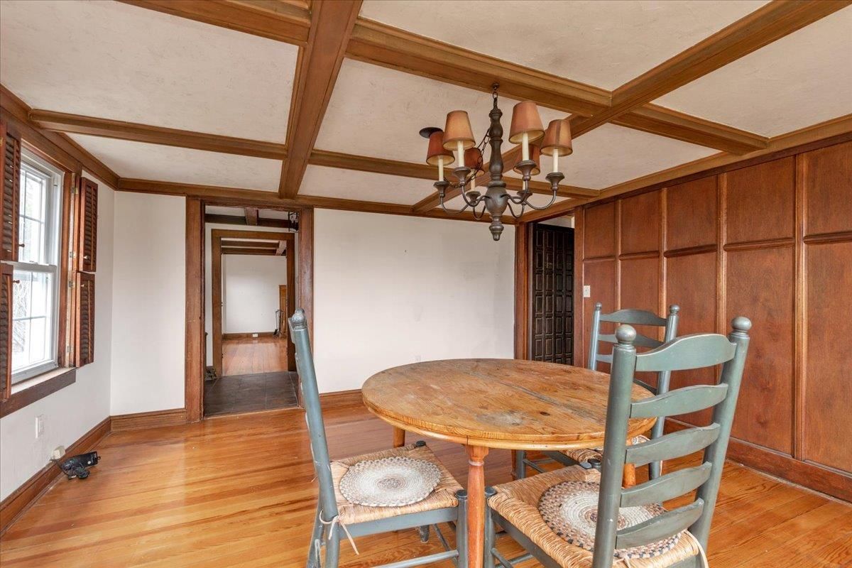 Chandelier, Dining room, Interior, Wooden Beams, Wood Texture Flooring