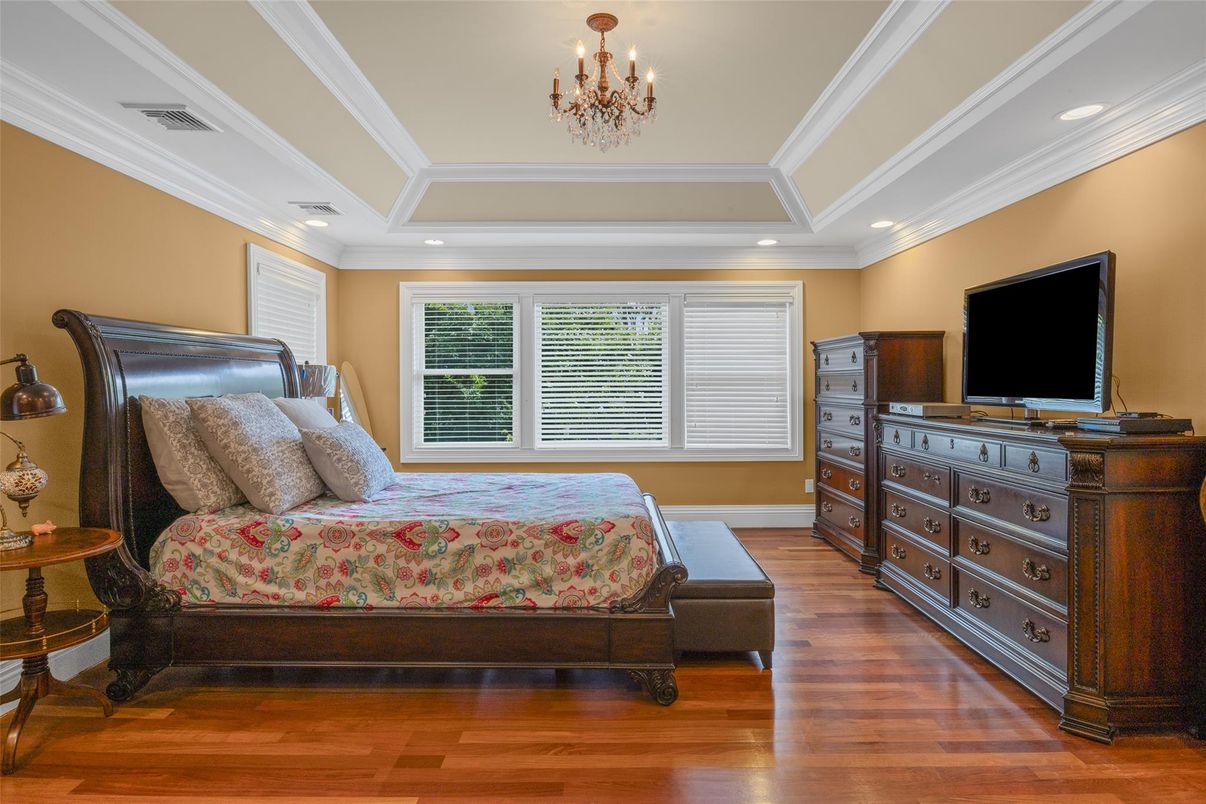 Bedroom, Chandelier, Interior, Recessed Lighting, Wood Texture Flooring