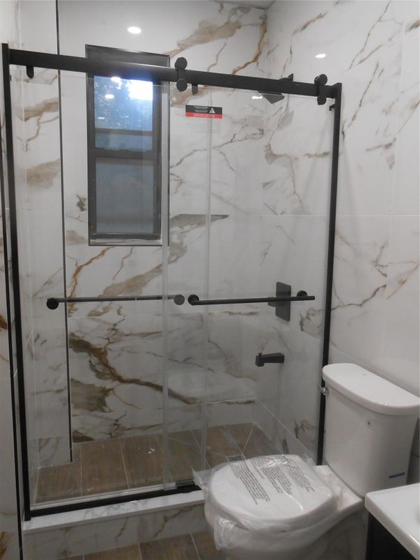 Bathroom, Glass Shower, Interior, Marble Walls, Recessed Lighting