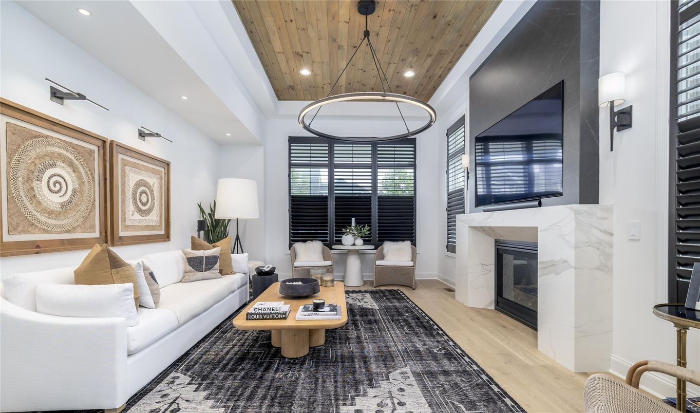 Fireplace, Interior, Living room, Pendant Lights, Recessed Lighting, Wooden Ceilings, Wood Texture Flooring
