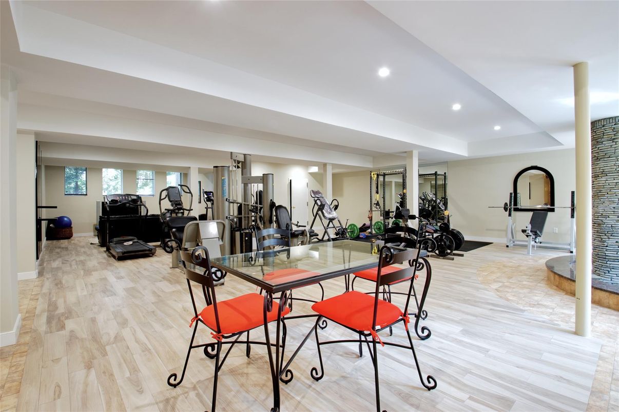 Fitness Equipment, Gym, Interior, Recessed Lighting, Wood Texture Flooring