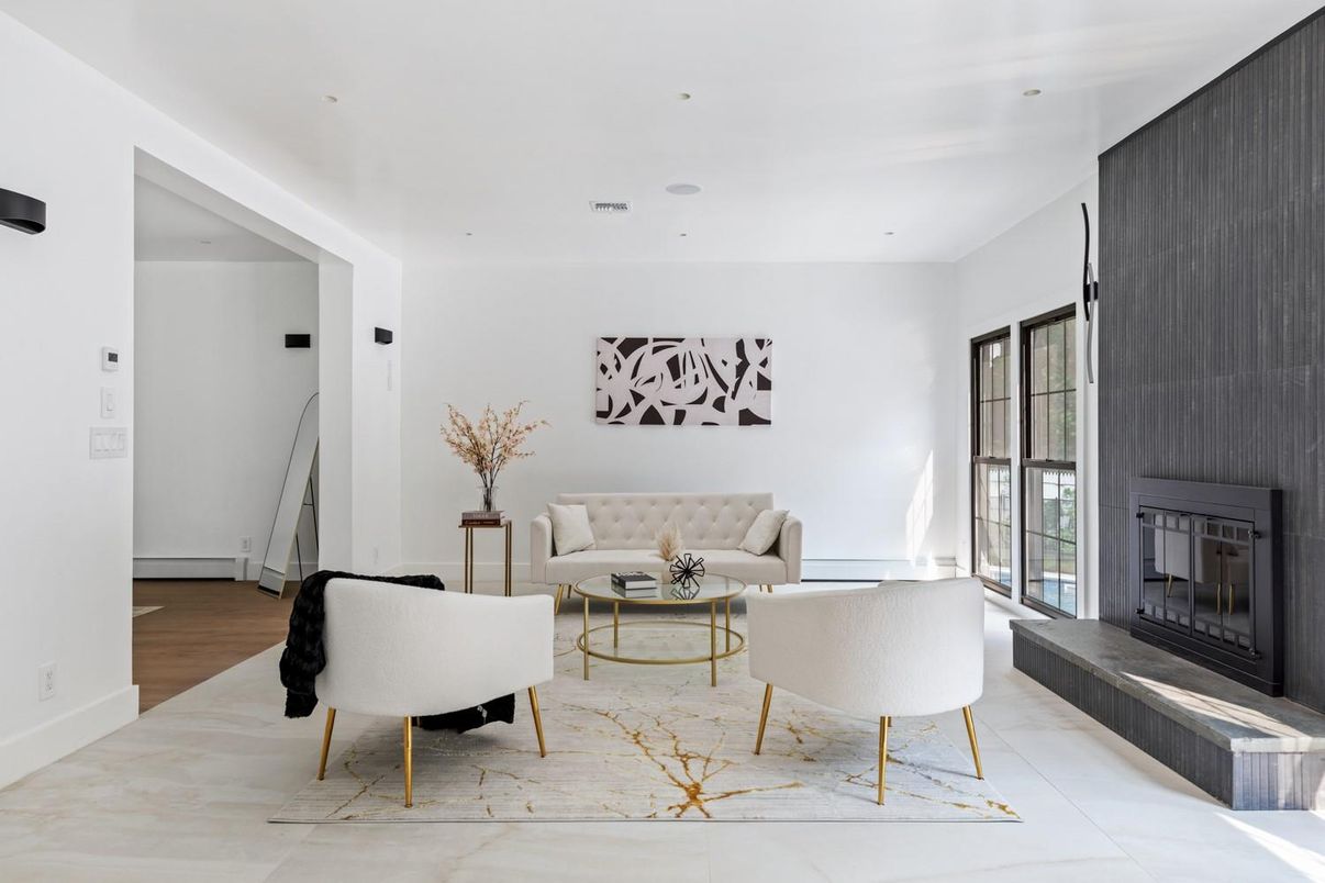 Fireplace, Interior, Living room, Recessed Lighting, Wood Texture Flooring