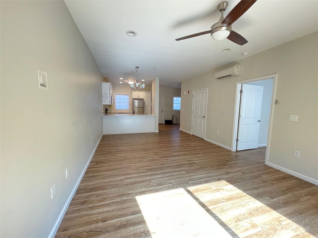 Chandelier, Empty room, Interior, Kitchen, Pendant Lights, Recessed Lighting, Wood Texture Flooring