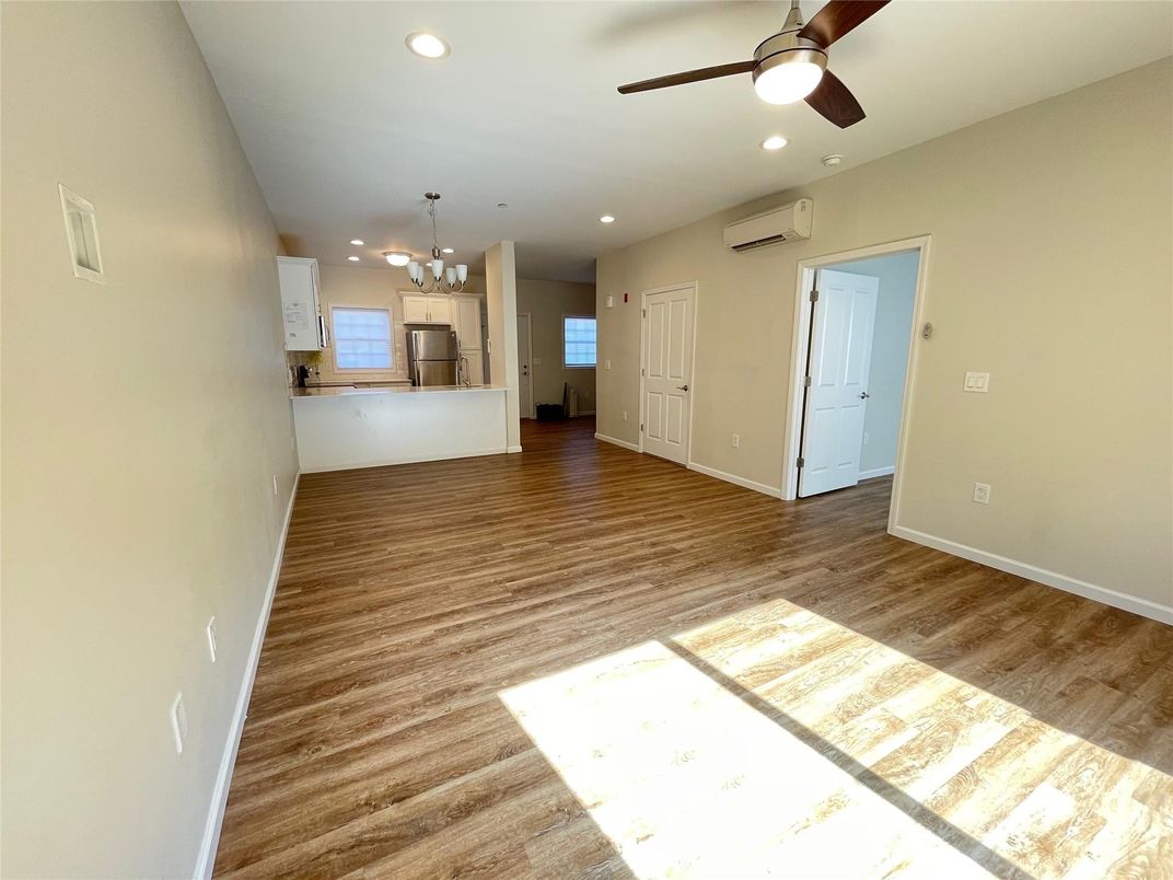 Empty room, Interior, Kitchen, Pendant Lights, Recessed Lighting, Wood Texture Flooring