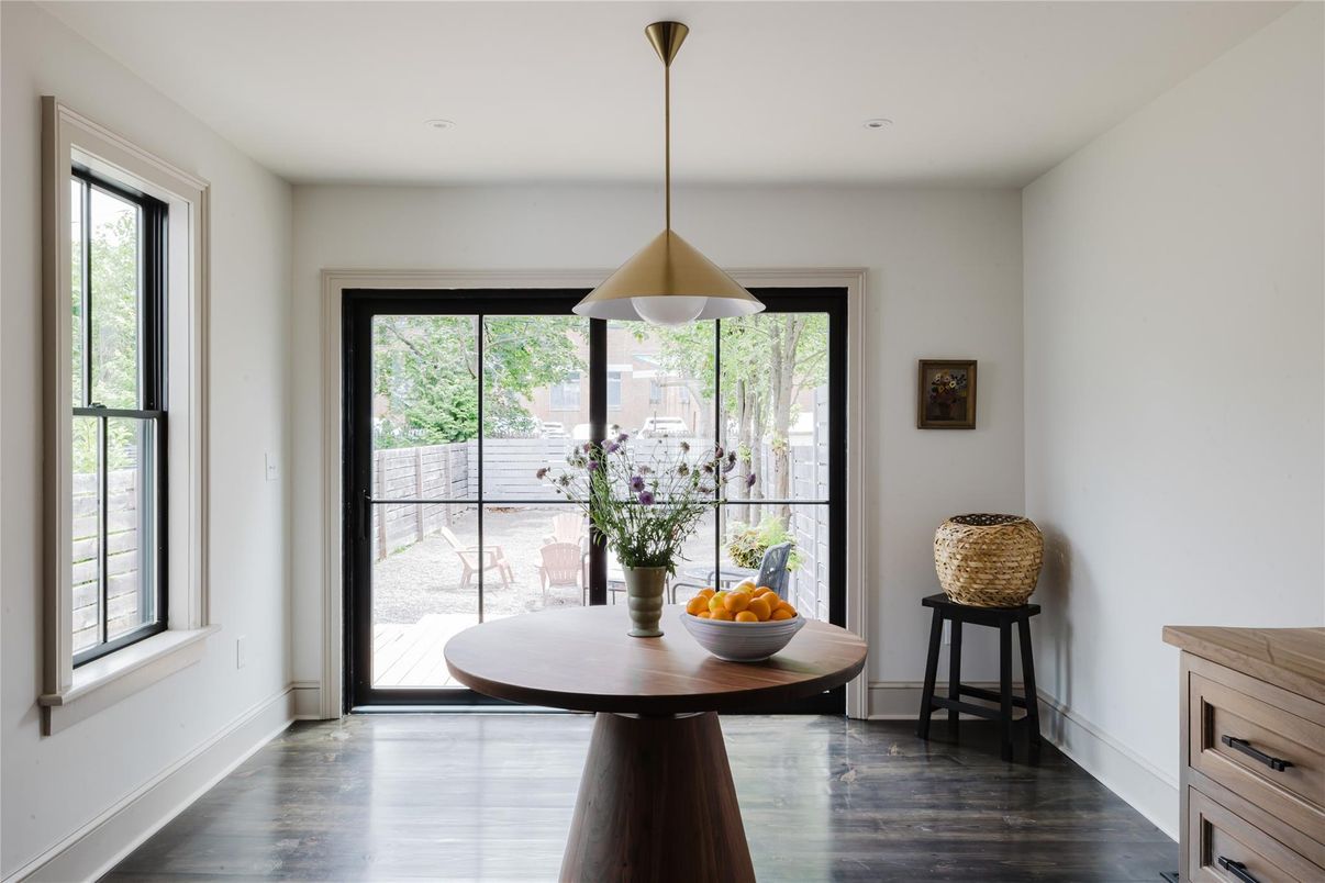 Dining room, Interior, Pendant Lights, Recessed Lighting, Wood Texture Flooring