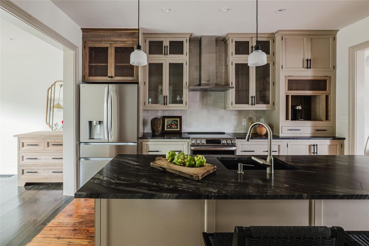 Interior, Kitchen, Pendant Lights, Recessed Lighting, Stainless Steel Appliances, Wood Texture Flooring