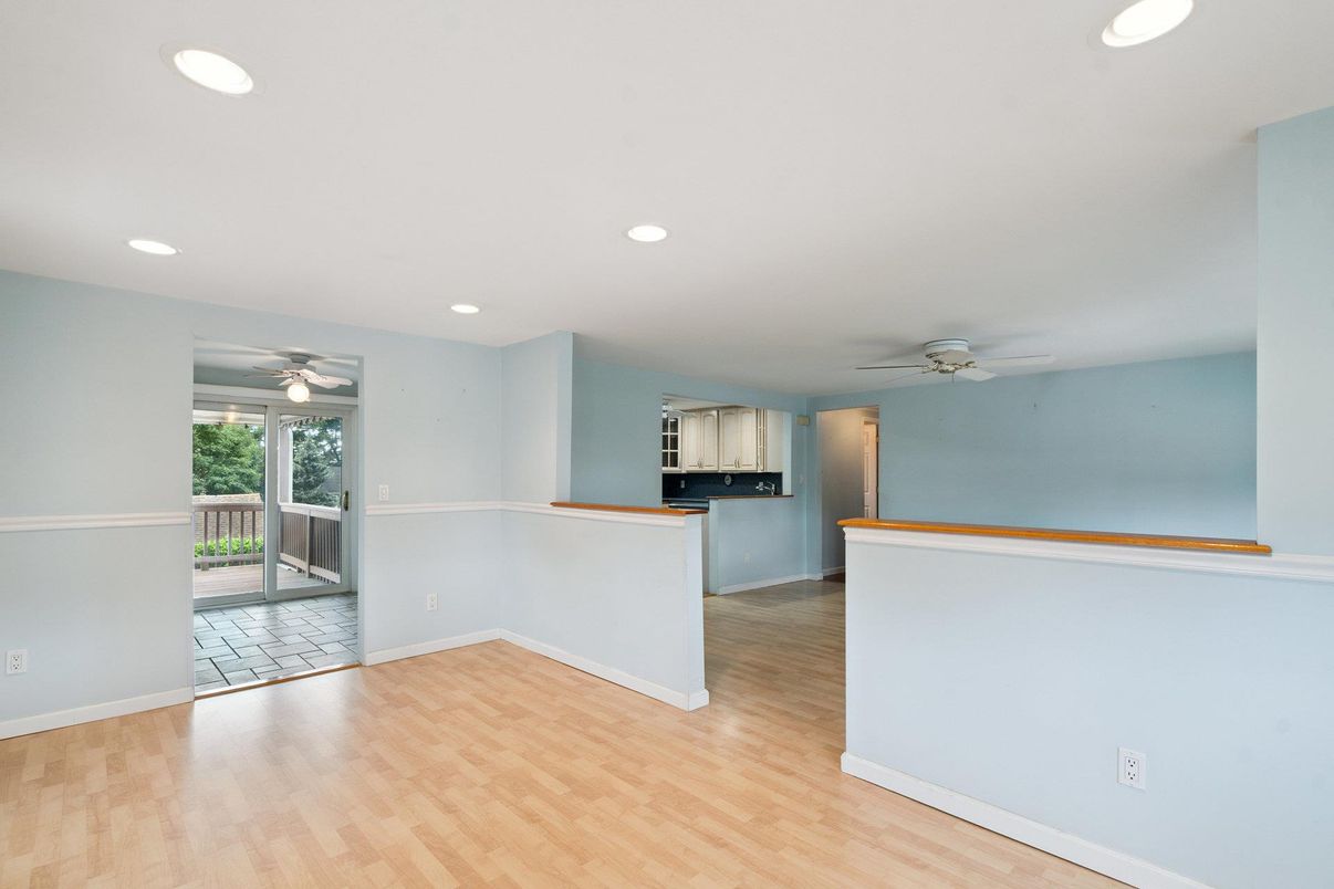 Empty room, Interior, Kitchen, Recessed Lighting, Wood Texture Flooring